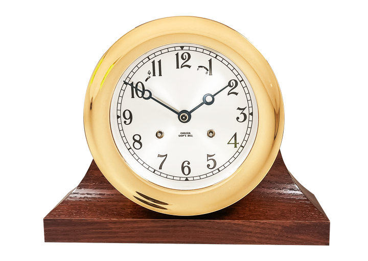 6" Ship's Bell Clock, Contemporary Base with Mahogany Finish